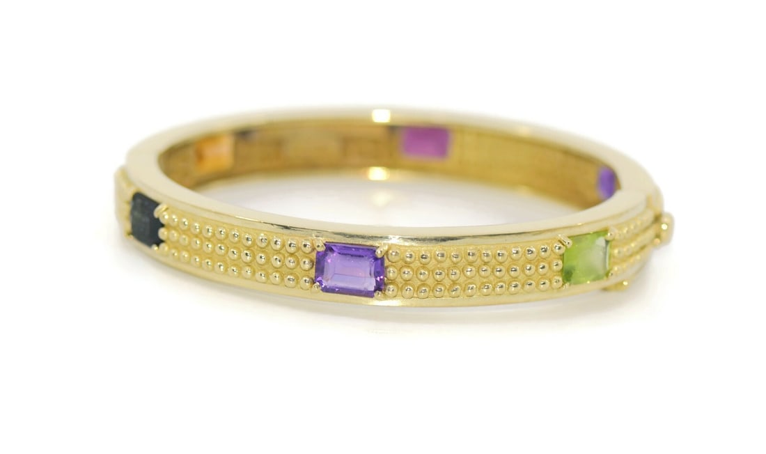 Kieselstein Cord Multi-Gemstone 18K Yellow Gold Bangle Bracelet: Kieselstein Cord Multi-Gemstone 18K Yellow Gold Bangle Bracelet This stunning Kieselstein Cord bracelet showcases a beautiful combination of multi-gemstones set in luxurious 18K yellow gold. The bangl