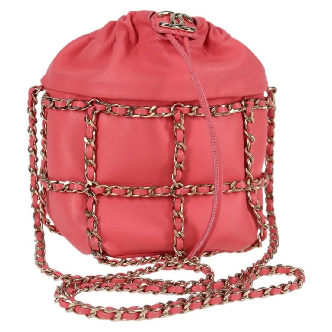 Chanel Pink Lambskin Chain Frame CC Bucket Drawstring Shoulder Bag: Chanel Pink Lambskin Chain Frame CC Bucket Drawstring Shoulder Bag This Chanel Chain Frame CC Drawstring Bucket Bag is crafted from pink leather and features a distinctive drawstring closure with chai