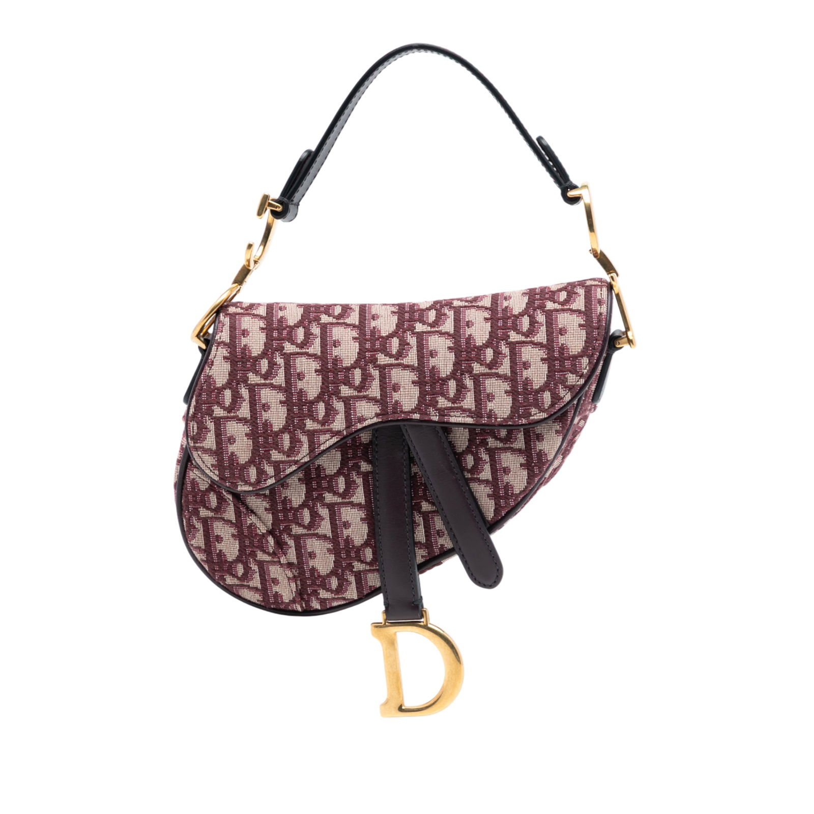 Mini Saddle Bag Red Fabric by Dior with Oblique Pattern: Mini Saddle Bag Red Fabric by Dior with Oblique Pattern This Dior Mini Oblique Canvas Saddle Bag showcases the brand's signature canvas body with a distinctive saddle shape. It is designed with a flat