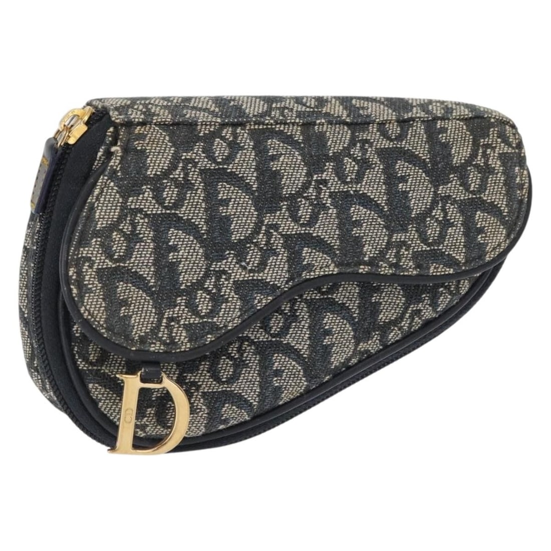 Navy Christian Dior Diorissimo Canvas Saddle Zip Pouch: Navy Christian Dior Diorissimo Canvas Saddle Zip Pouch This pre-owned Christian Dior Saddle Zip Pouch is crafted from navy Diorissimo canvas with leather accents. It features a zip closure and compact