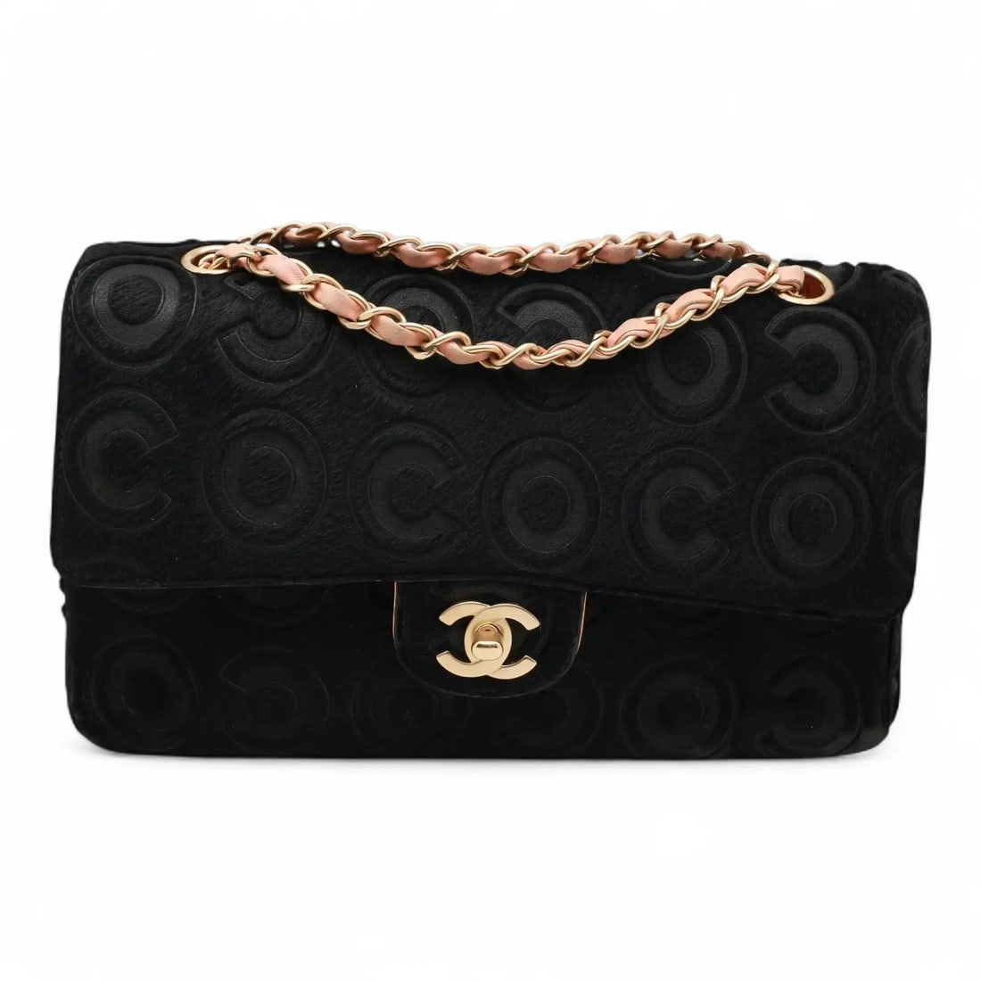Chanel COCO Double Flap Black Pony Hair Leather Shoulder Bag: Chanel COCO Double Flap Black Pony Hair Leather Shoulder Bag Elevate your style with this Chanel COCO Double Flap Handbag, beautifully crafted in Italy from premium black pony hair leather. This sophi