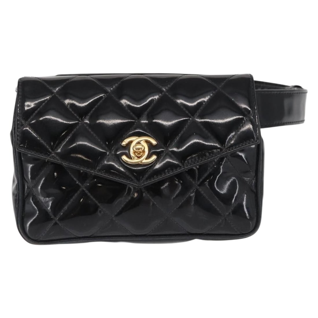 Chanel Patent Leather Vintage CC Flap Waist Bag Black: Chanel Patent Leather Vintage CC Flap Waist Bag Black This vintage Chanel CC flap waist bag for women is crafted in black patent leather with a sleek, compact silhouette. The bag features a shoulder s