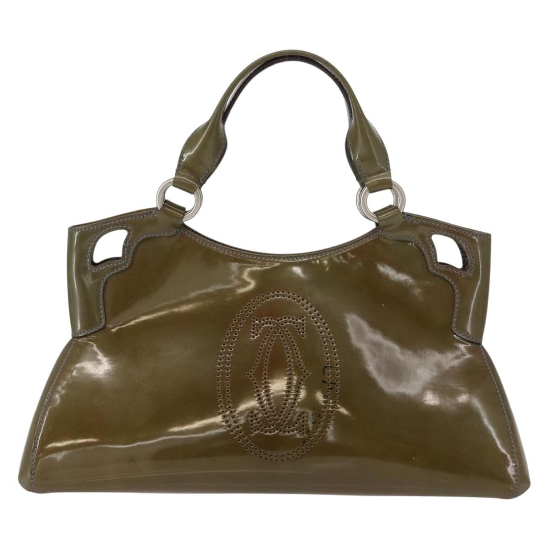 Marcello Khaki Patent Leather Handbag by Cartier 35cm: Marcello Khaki Patent Leather Handbag by Cartier 35cm This pre-owned Cartier Marcello handbag is crafted from khaki patent leather and is designed for women. It features a structured silhouette with p