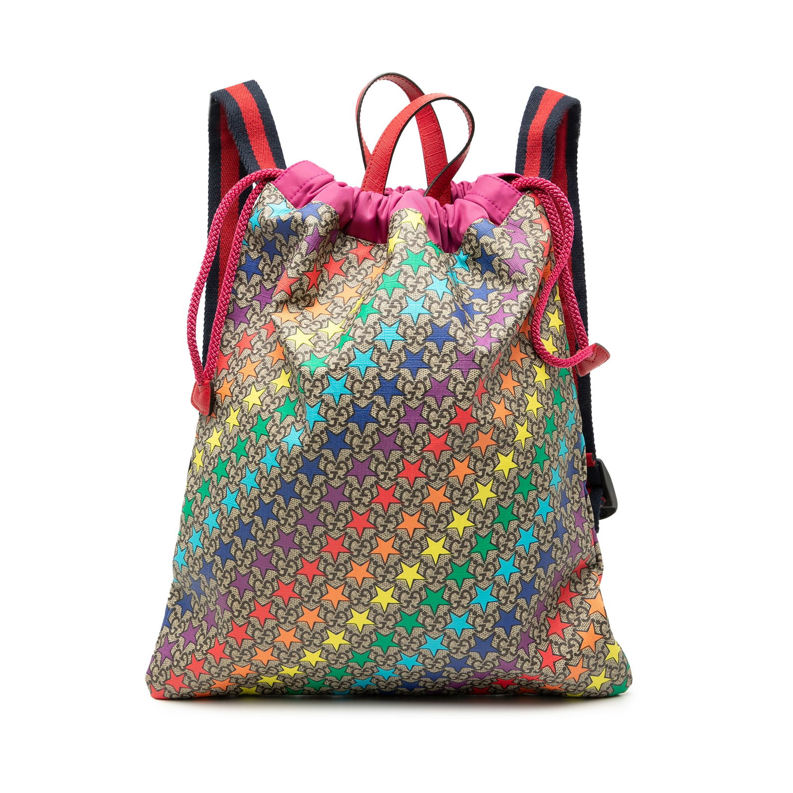 Children's GG Supreme Star Print Backpack by Gucci: Children's GG Supreme Star Print Backpack by Gucci This Gucci GG Supreme Web Star Print children's backpack showcases a coated canvas body with a vibrant multicolor star print. It features flat leathe