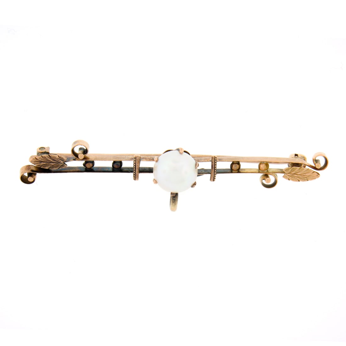 Antique 14k Rosy Yellow Gold Pearl Leaf Open Work Bar Brooch: Antique 14k Rosy Yellow Gold Pearl Leaf Open Work Bar Brooch This exquisite antique bar pin brooch is crafted from solid 14k rosy yellow gold, a stunning piece from the Arts & Crafts movement, dating