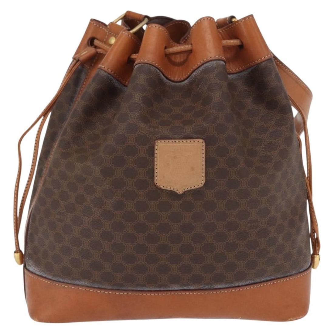 Vintage Macadam Canvas and Leather Shoulder Bag by Celine: Vintage Macadam Canvas and Leather Shoulder Bag by Celine This vintage Celine Macadam shoulder bag for women features a brown canvas body combined with leather accents. It has a structured shape measu