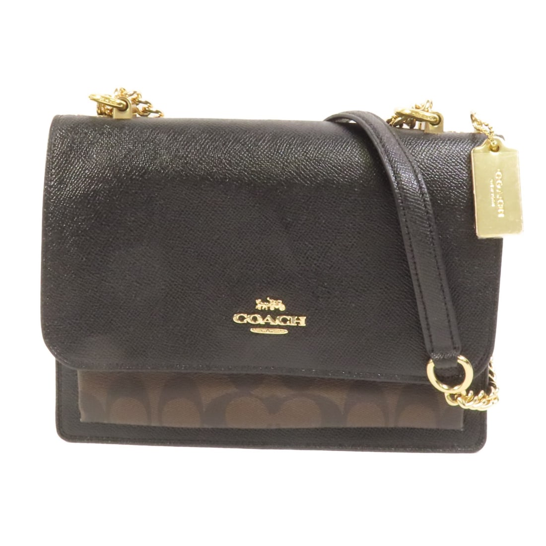 Coach Black Calfskin Leather Shoulder Bag with Gold Tone Chain: Coach Black Calfskin Leather Shoulder Bag with Gold Tone Chain This COACH shoulder bag features black calfskin leather with a sleek chain strap design. Crafted in the United States, the bag is in pris