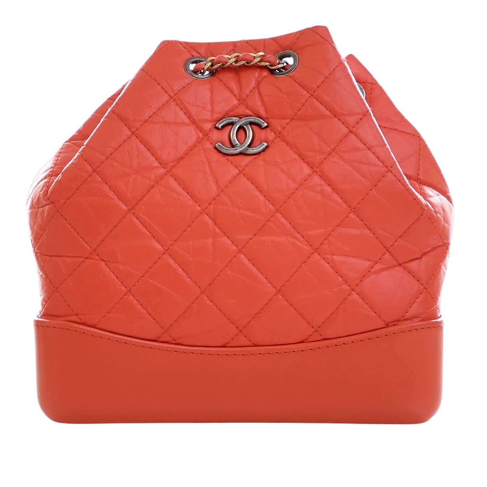 Chanel Gabrielle Small Red Aged Calfskin Leather Drawstring Backpack: Chanel Gabrielle Small Red Aged Calfskin Leather Drawstring Backpack This Chanel Small Aged Calfskin Gabrielle Backpack is crafted from red aged calfskin leather and features leather-woven chain back