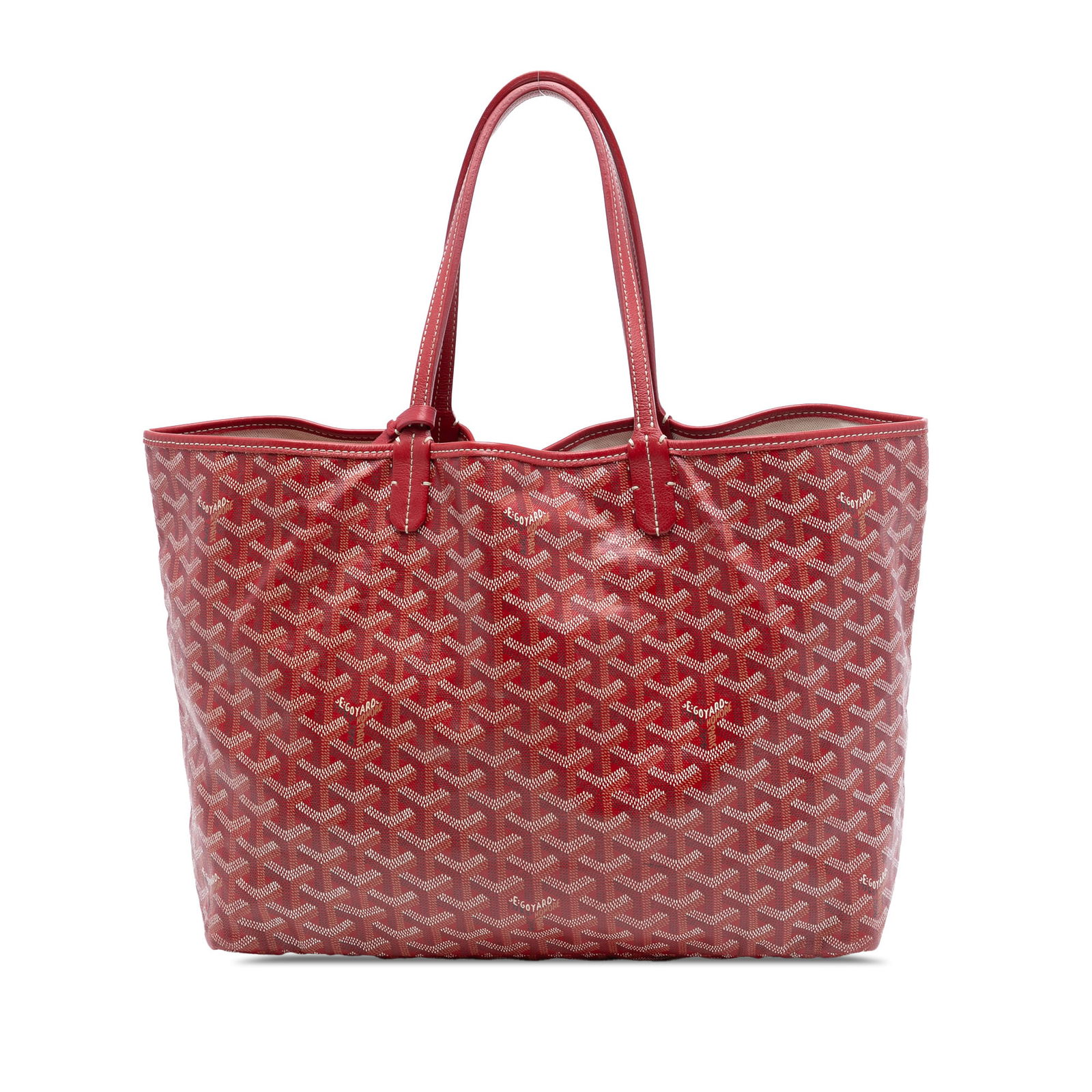 Goyard Saint Louis PM Red Coated Canvas Tote with Pouch: Goyard Saint Louis PM Red Coated Canvas Tote with Pouch The Saint Louis PM is crafted from coated canvas with leather trim and features flat leather straps, an open top, and an interior pouch. The bag