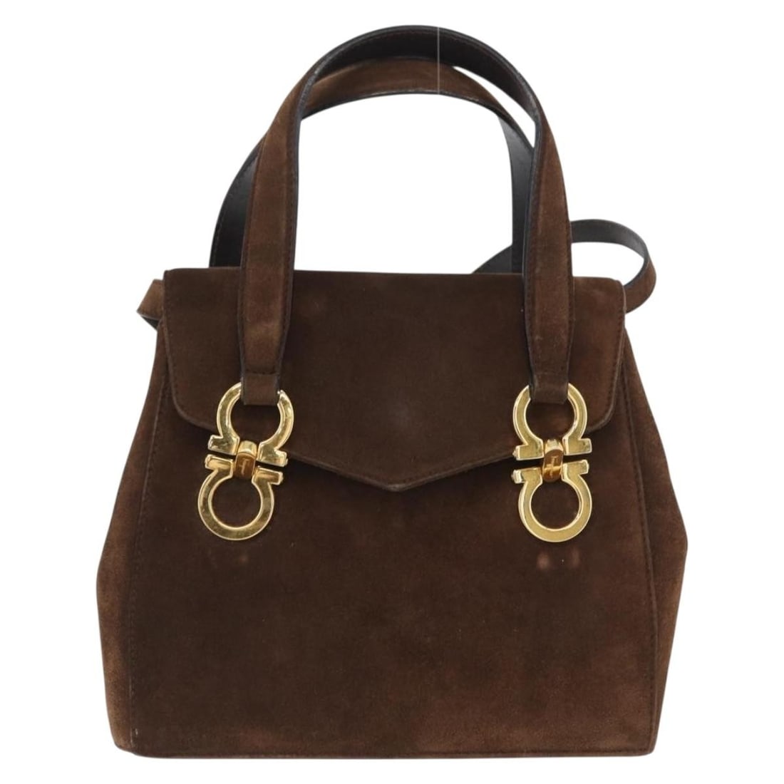 Gancini Suede Shoulder Bag by Salvatore Ferragamo Brown 19cm: Gancini Suede Shoulder Bag by Salvatore Ferragamo Brown 19cm This Salvatore Ferragamo Gancini handbag is crafted from brown suede and designed for women. The bag features a structured silhouette with
