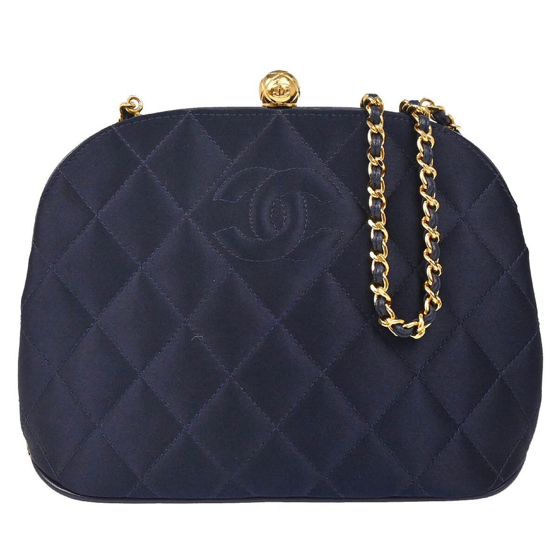 Chanel Quilted Navy Satin Single Chain Shoulder Bag: Chanel Quilted Navy Satin Single Chain Shoulder Bag This elegant Chanel Navy Satin Shoulder Bag is perfect for casual occasions. The bag features a kiss lock closure and a medium size, making it a sty