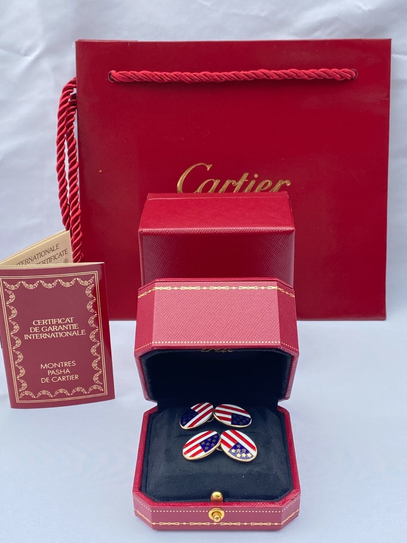Cartier 18K Gold Enameled US Flag Cufflinks with Box and Certificate - 2