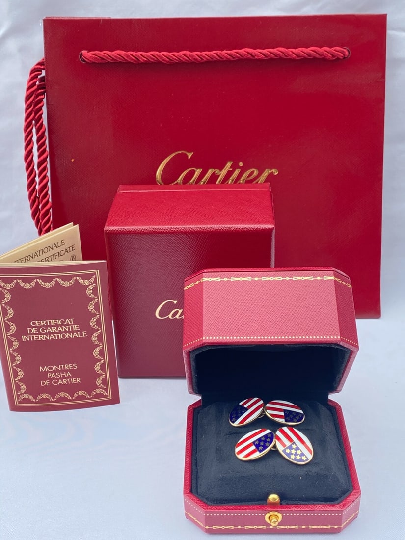 Cartier 18K Gold Enameled US Flag Cufflinks with Box and Certificate - 3