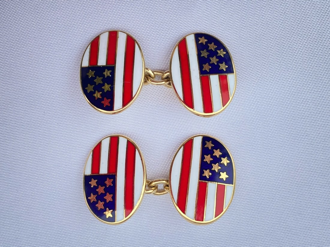 Cartier 18K Gold Enameled US Flag Cufflinks with Box and Certificate - 7