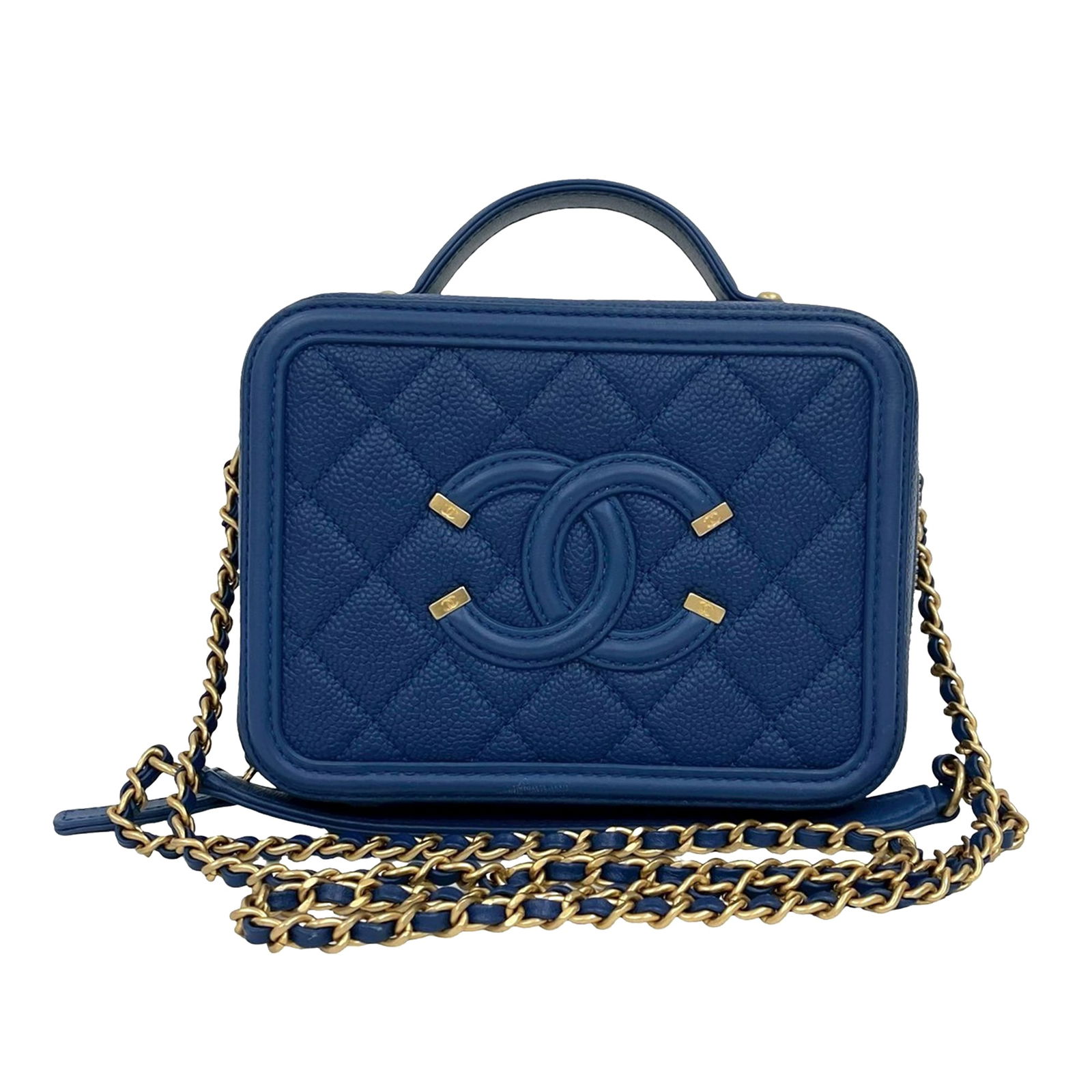 Chanel CC Filigree Small Caviar Leather Vanity Bag with Chain Strap: Chanel CC Filigree Small Caviar Leather Vanity Bag with Chain Strap This Chanel Small Caviar CC Filigree Vanity Case is crafted from blue caviar leather and features a flat top handle and a leather-wo