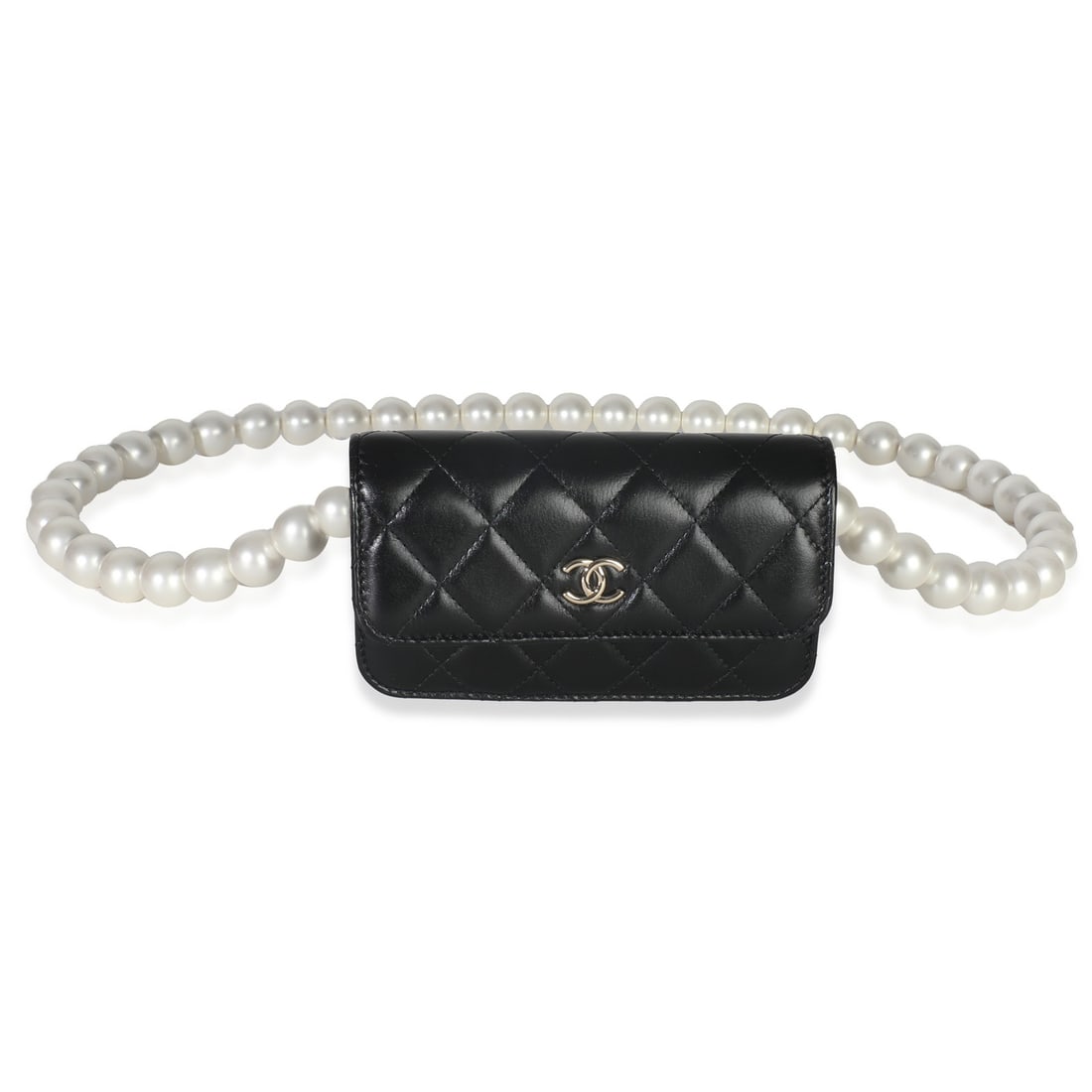 Classic Mini Clutch in Black Quilted Leather with Pearl Chain by Chanel: Classic Mini Clutch in Black Quilted Leather with Pearl Chain by Chanel This Chanel black quilted calfskin mini clutch features a distinctive pearl strap and a chain for versatile carrying options. Th