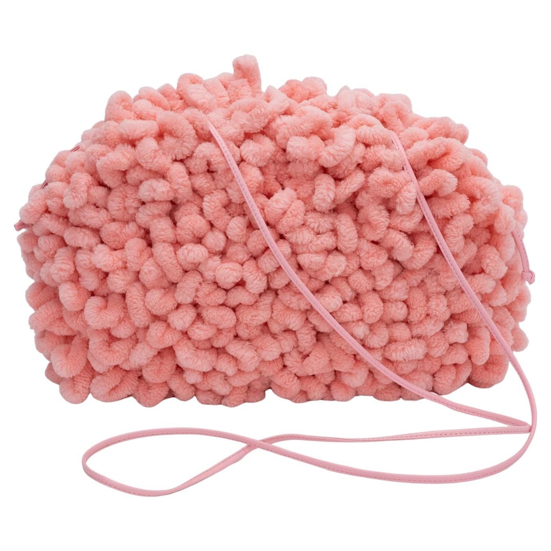 Bottega Veneta Pink Chenille Mini Pouch Crossbody Clutch: Bottega Veneta Pink Chenille Mini Pouch Crossbody Clutch Introducing the Bottega Pink Chenille Cross Body Clutch, a stunning accessory that exemplifies luxury and versatility. This mini pouch is craft