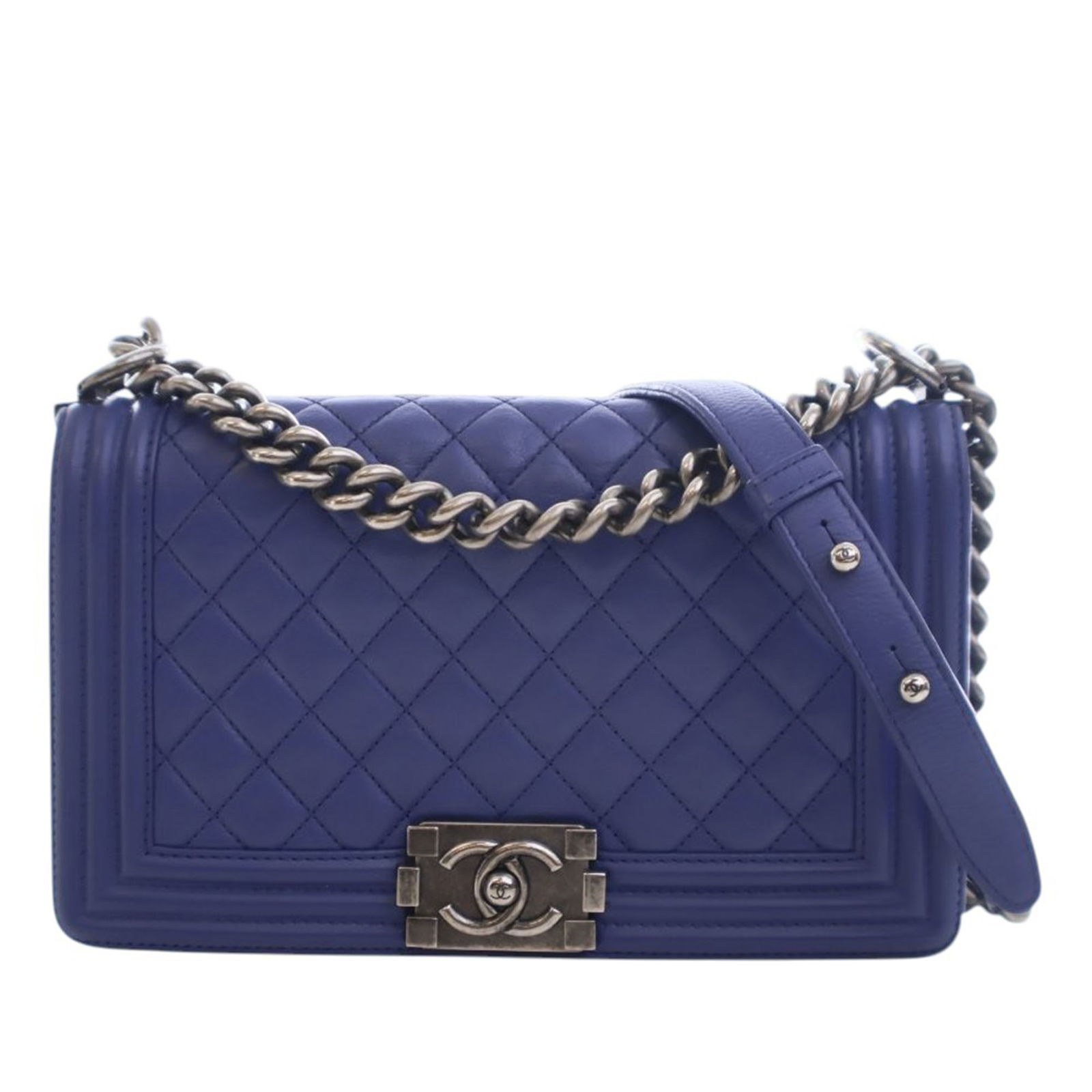 Blue Chanel Boy Bag in Medium Quilted Lambskin with Chain Strap: Blue Chanel Boy Bag in Medium Quilted Lambskin with Chain Strap This Chanel Medium Quilted Lambskin Boy Flap bag features a blue quilted lambskin leather body, a curb chain link shoulder strap with a