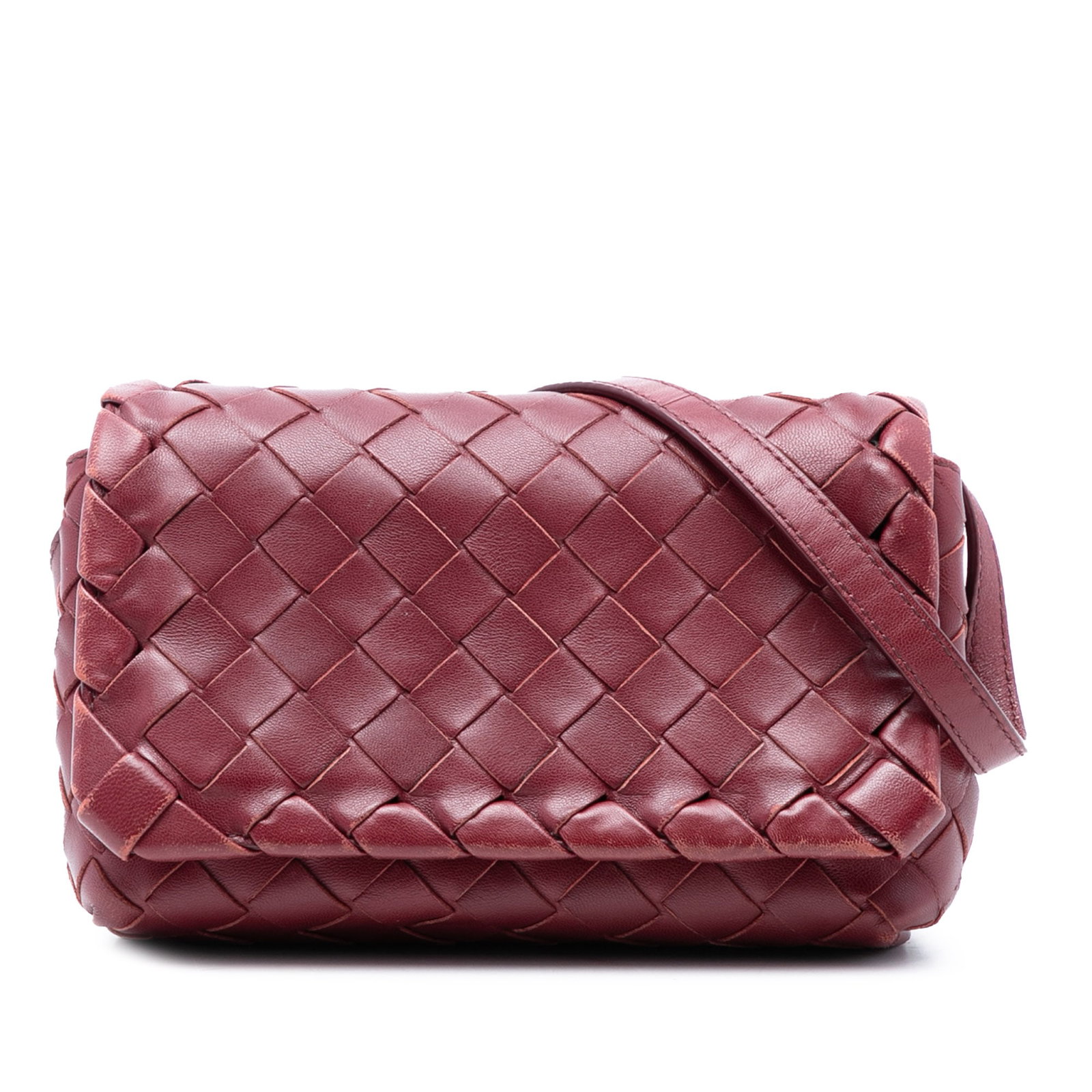 Mini Intrecciato Nappa Leather Crossbody Bag by Bottega Veneta: Mini Intrecciato Nappa Leather Crossbody Bag by Bottega Veneta This crossbody bag features a woven nappa leather exterior, an adjustable flat leather strap, a front flap with magnetic snap closure, an