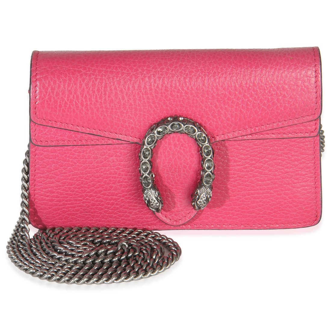 Dionysus Super Mini Pink Leather Crossbody Bag by Gucci: Dionysus Super Mini Pink Leather Crossbody Bag by Gucci This pre-owned Gucci Dionysus Super Mini Flap bag features pink dollar calfskin leather adorned with crystal accents. The bag has a snap closure