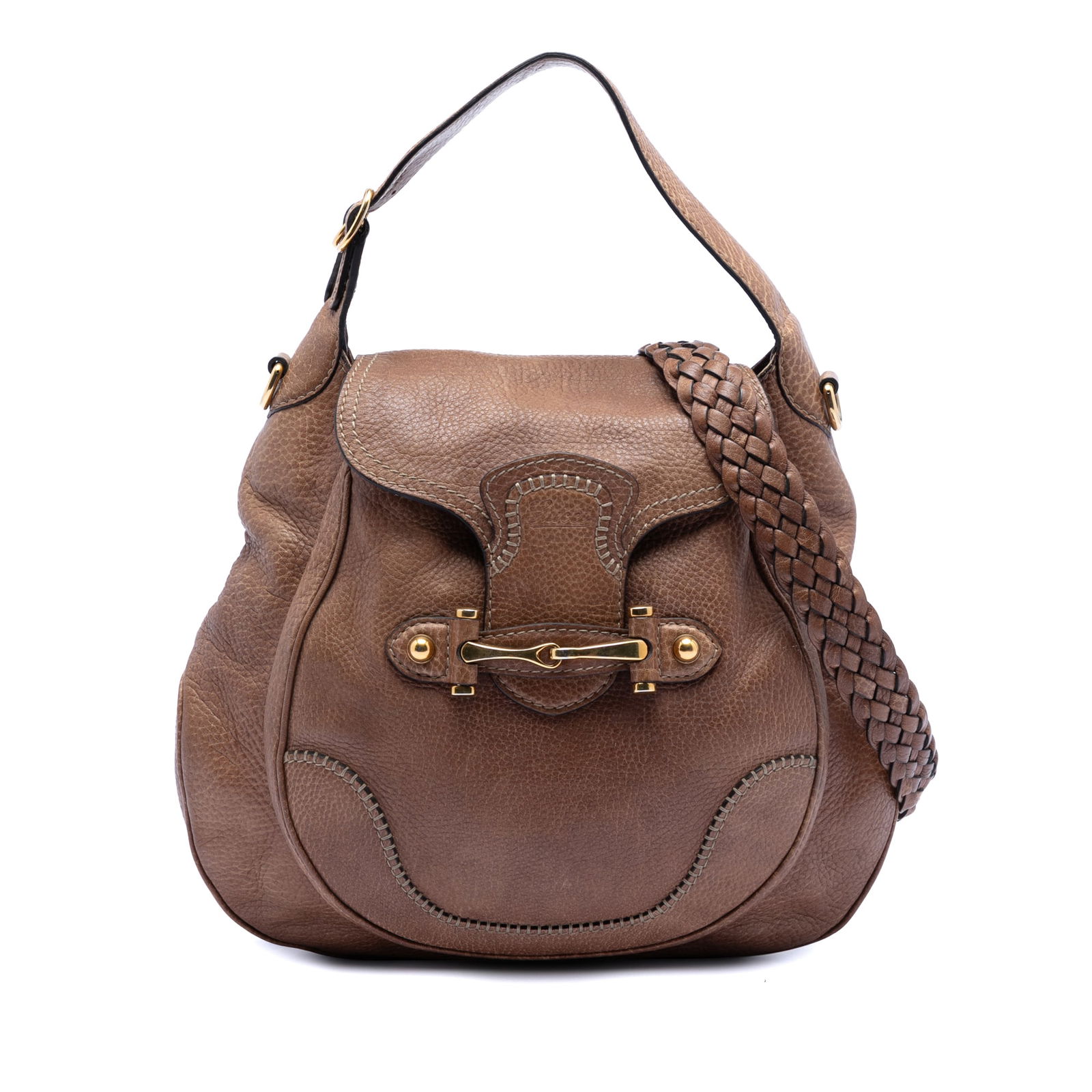 Gucci New Pelham Large Brown Leather Satchel With Braided Strap: Gucci New Pelham Large Brown Leather Satchel With Braided Strap This Gucci Large Leather New Pelham Satchel features a leather body with a flat leather strap and a detachable braided leather shoulder