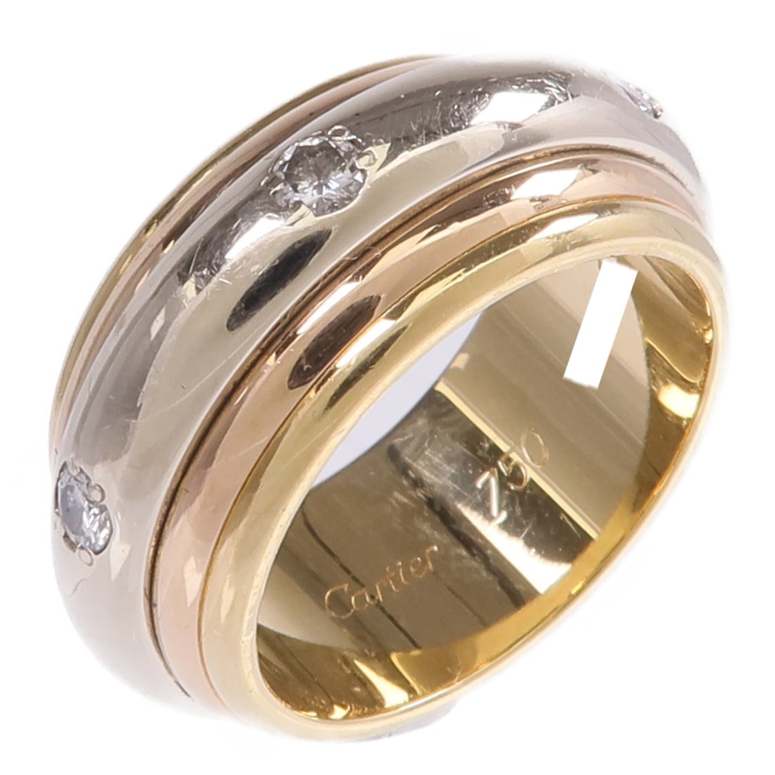 Saturn Diamond Ring in 18K Tri-Color Gold by Cartier Size 5.5: Saturn Diamond Ring in 18K Tri-Color Gold by Cartier Size 5.5 This Cartier Saturn Tri-Colour ring features 18K yellow, white, and pink gold with diamond accents. The ring is a US size 5.5 and showcase