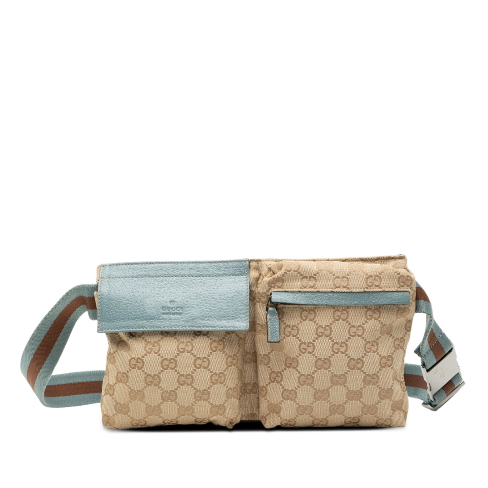Gucci GG Canvas Web Brown Double Pocket Waist Belt Bag: Gucci GG Canvas Web Brown Double Pocket Waist Belt Bag This Gucci GG Canvas Web Double Pocket Belt Bag features a brown canvas body with an adjustable flat waist strap, exterior front flap and zip poc