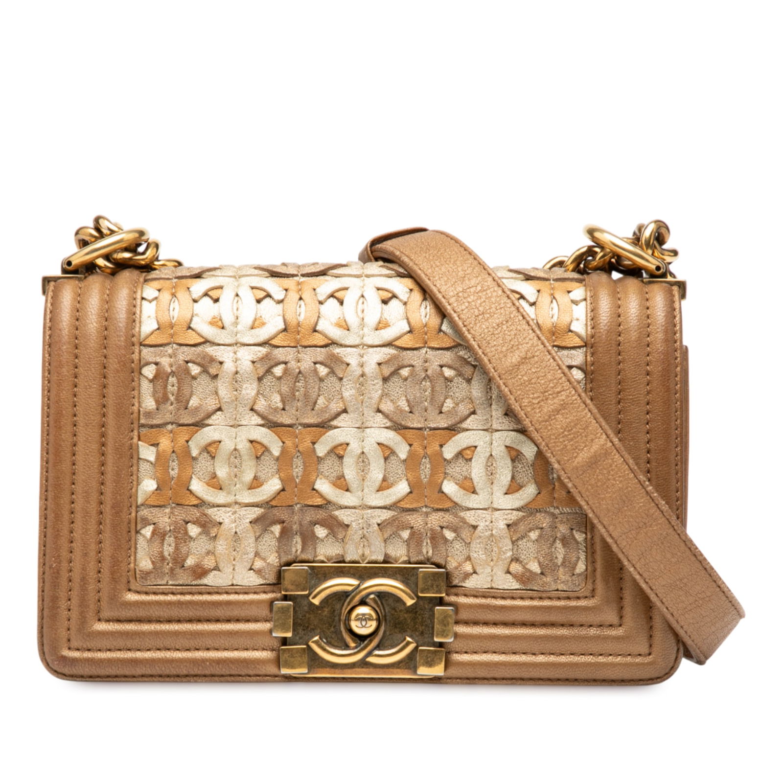 Chanel Small Quilted Metallic Lambskin Boy Flap Bag Brown: Chanel Small Quilted Metallic Lambskin Boy Flap Bag Brown This chic Chanel Small Quilted Metallic Lambskin Interwoven CC Boy Flap bag showcases a luxurious metallic lambskin leather body in a rich bro