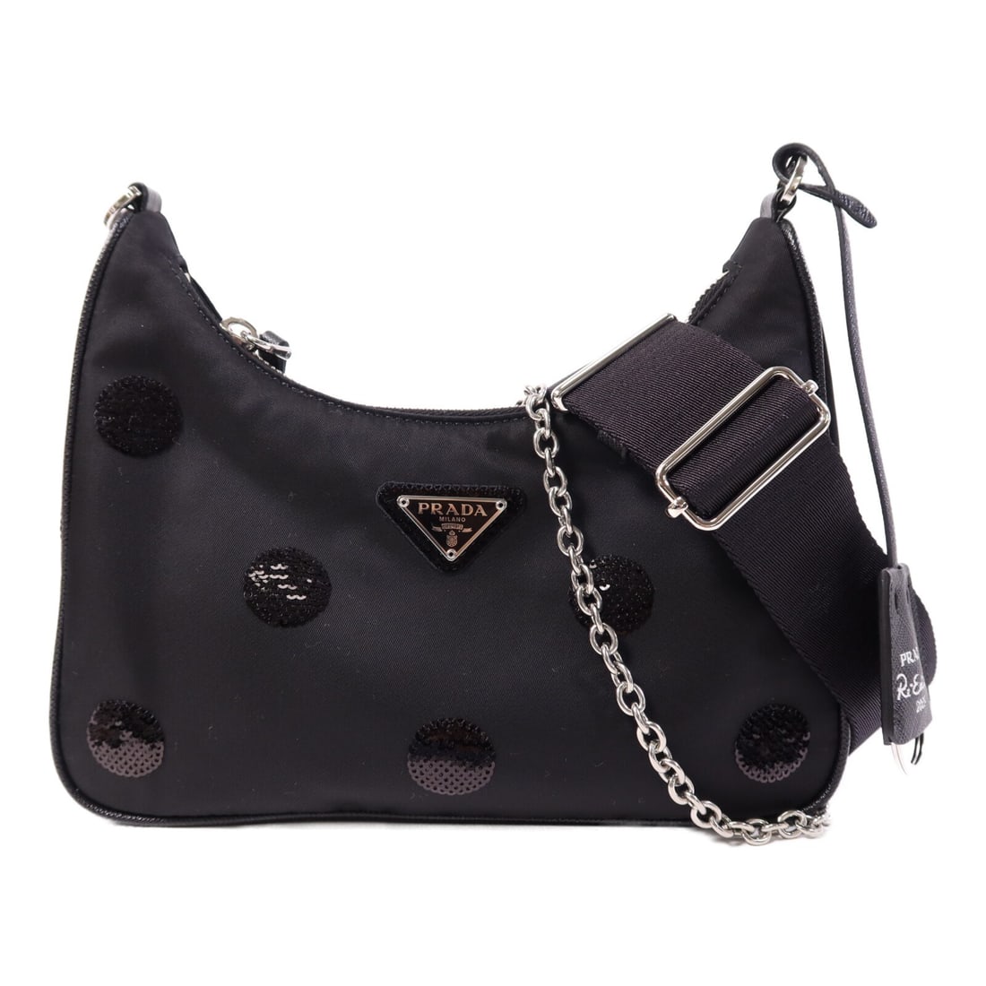 Prada Black Sequin Polka Dot Chain Shoulder Bag Two Way Design: Prada Black Sequin Polka Dot Chain Shoulder Bag Two Way Design This Prada 2-way shoulder bag features a striking polka dot sequin design on black nylon, offering both style and versatility. Crafted in
