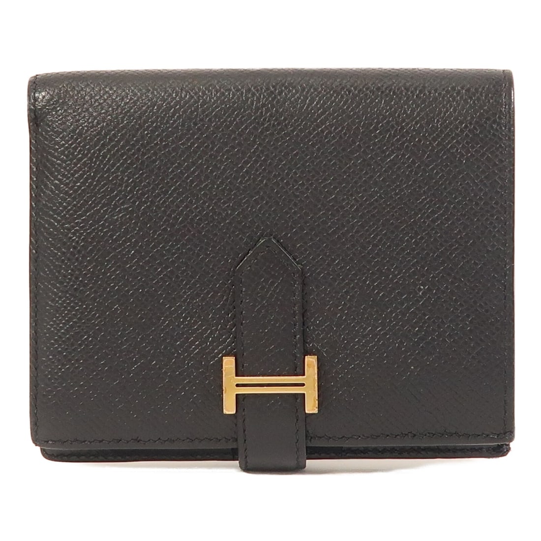 Black Veau Epsom Leather Bearn Compact Wallet by Hermes GHW: Black Veau Epsom Leather Bearn Compact Wallet by Hermes GHW This is a Hermes Bearn Compact bi-fold wallet crafted from Veau Epsom calfskin leather in black. It features gold-tone hardware and is desig