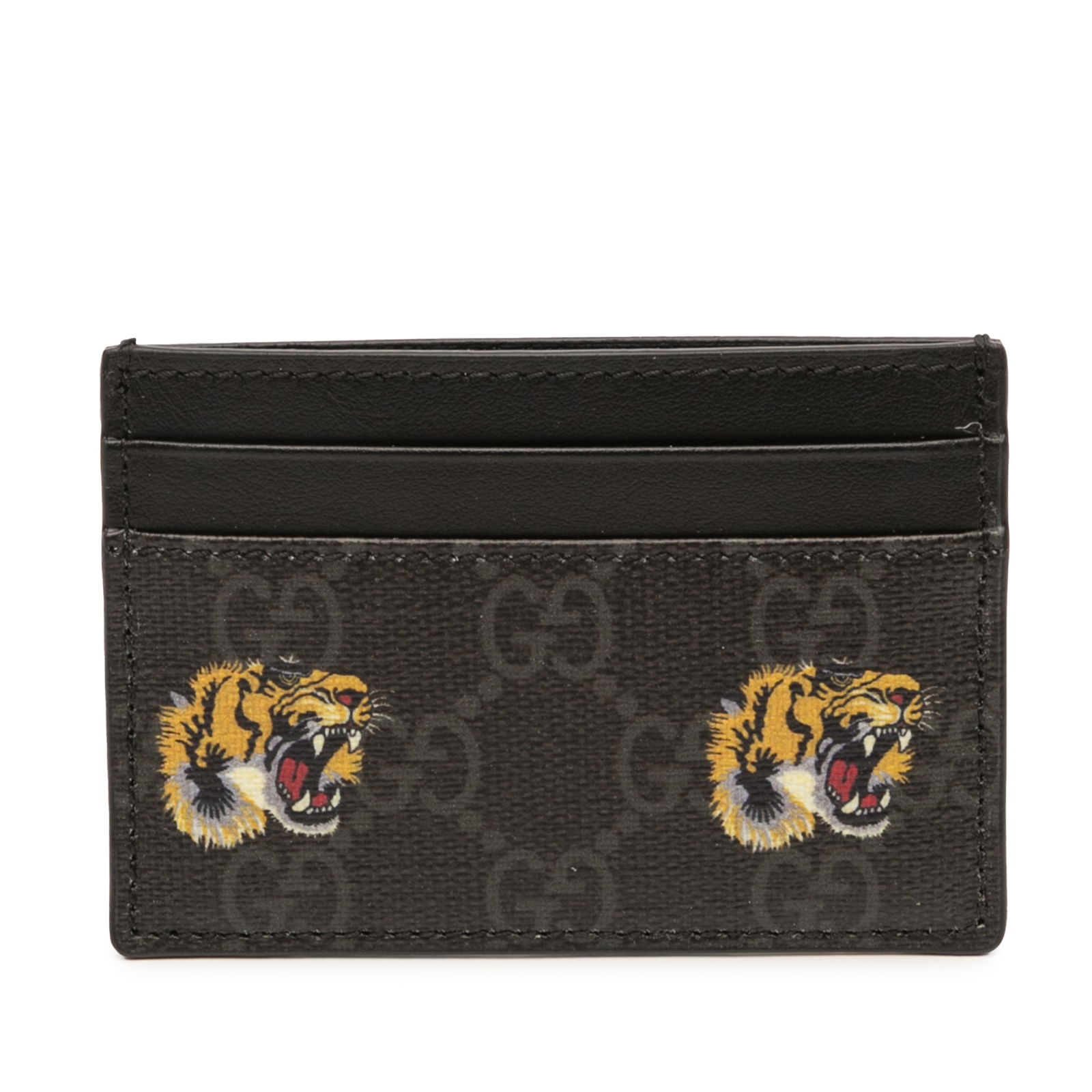 GG Supreme Tiger Print Cardholder by Gucci with Leather Trim: GG Supreme Tiger Print Cardholder by Gucci with Leather Trim This Gucci GG Supreme Tiger card holder is crafted from printed coated canvas with leather trim and features multiple card slots. Made in I