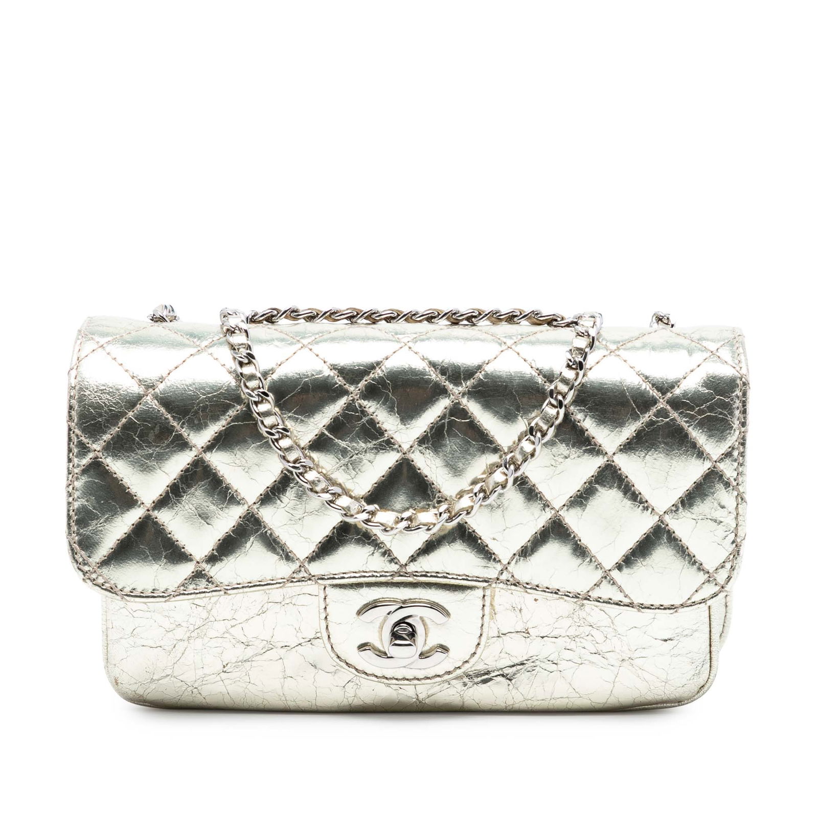 Chanel Small Gold Metallic Crackled Calfskin Clams Pocket Shoulder Bag: Chanel Small Gold Metallic Crackled Calfskin Clams Pocket Shoulder Bag This Chanel Small Metallic Crackled Calfskin Clams Pocket Flap shoulder bag features a quilted metallic leather exterior, leather