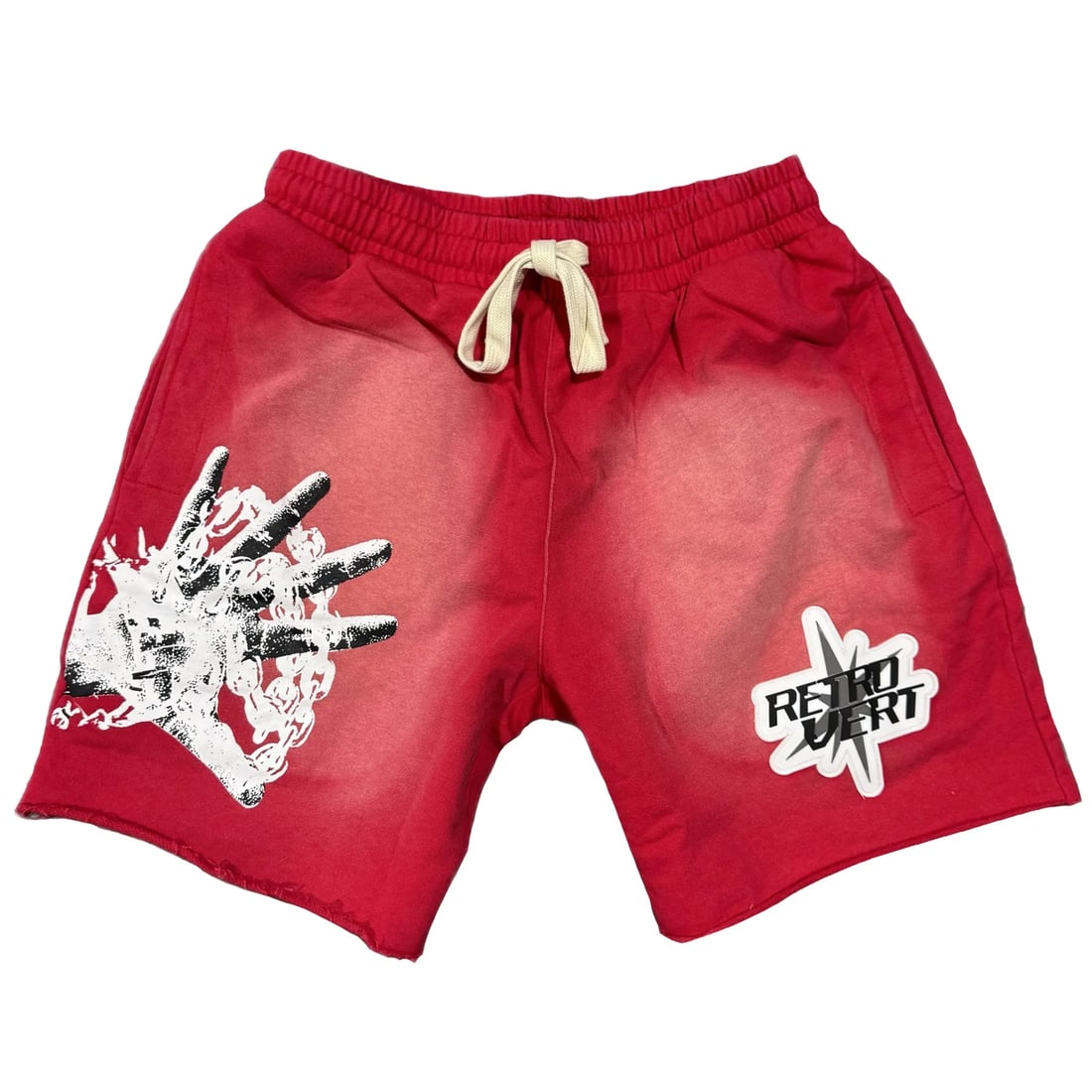 Red Spiked Hands Graphic Shorts by Retro Vert Unisex Streetwear: Red Spiked Hands Graphic Shorts by Retro Vert Unisex Streetwear These Retro Vert Spiked Hands Red Shorts feature a bold spiked hand graphic on a vivid red background, blending retro-inspired style wit