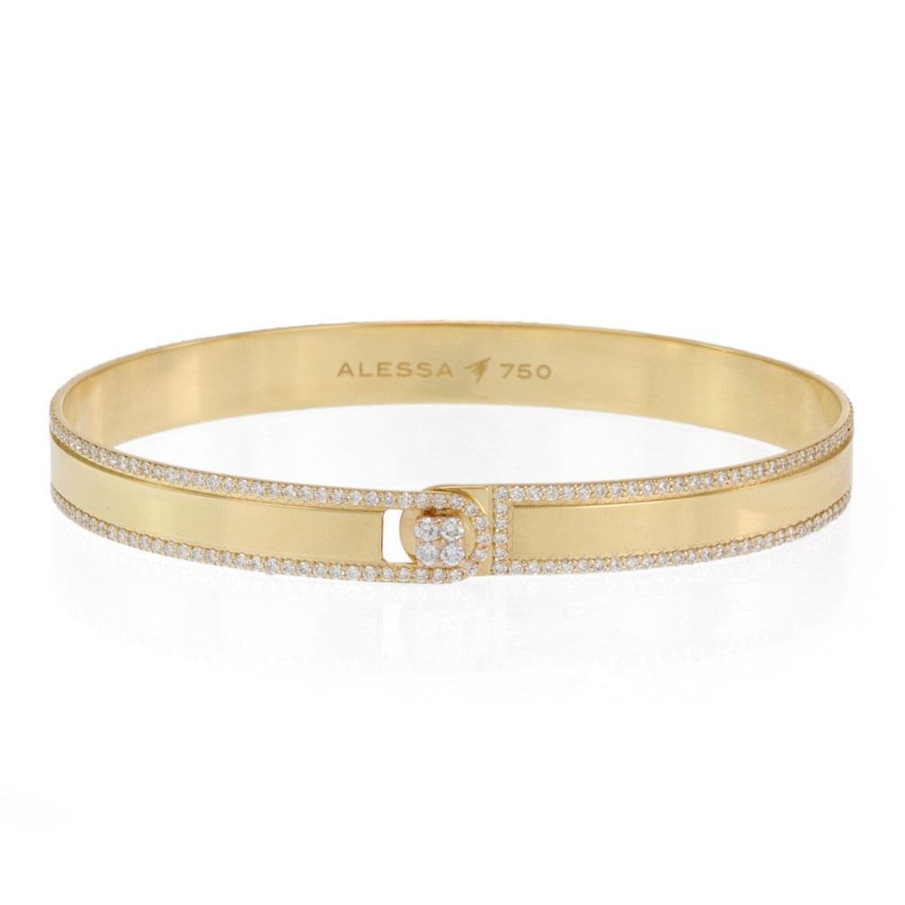 Alessa 2.00ct Diamond 18k Yellow Gold Wide Hook Bangle: Alessa 2.00ct Diamond 18k Yellow Gold Wide Hook Bangle This stunning Alessa bangle is crafted from 18k yellow gold, showcasing a mirror polished finish. The design features a wide hook clasp with a sq