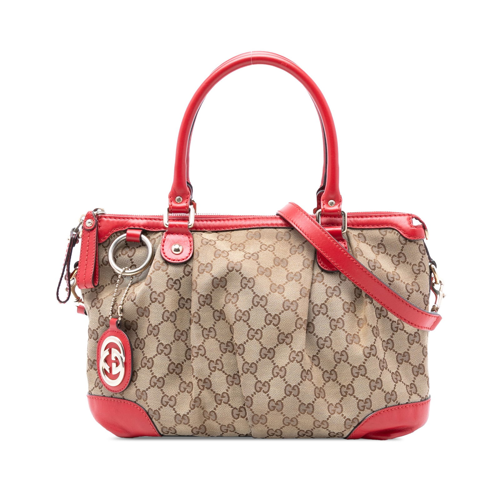 Gucci Sukey Diamante Canvas Satchel with Leather Trim and Strap: Gucci Sukey Diamante Canvas Satchel with Leather Trim and Strap The Gucci Diamante Canvas Sukey Satchel features a canvas body with leather trim, rolled leather handles, and a detachable flat leather