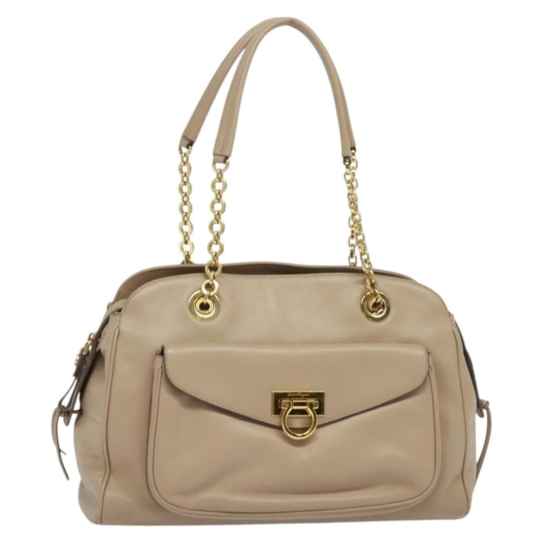 Salvatore Ferragamo Beige Gold Gancini Tote Bag Leather Auth Italy: Salvatore Ferragamo Beige Gold Gancini Tote Bag Leather Auth Italy Introducing the stylish Salvatore Ferragamo Gancini Tote Bag, crafted in Italy from high-quality leather in a chic beige and gold col