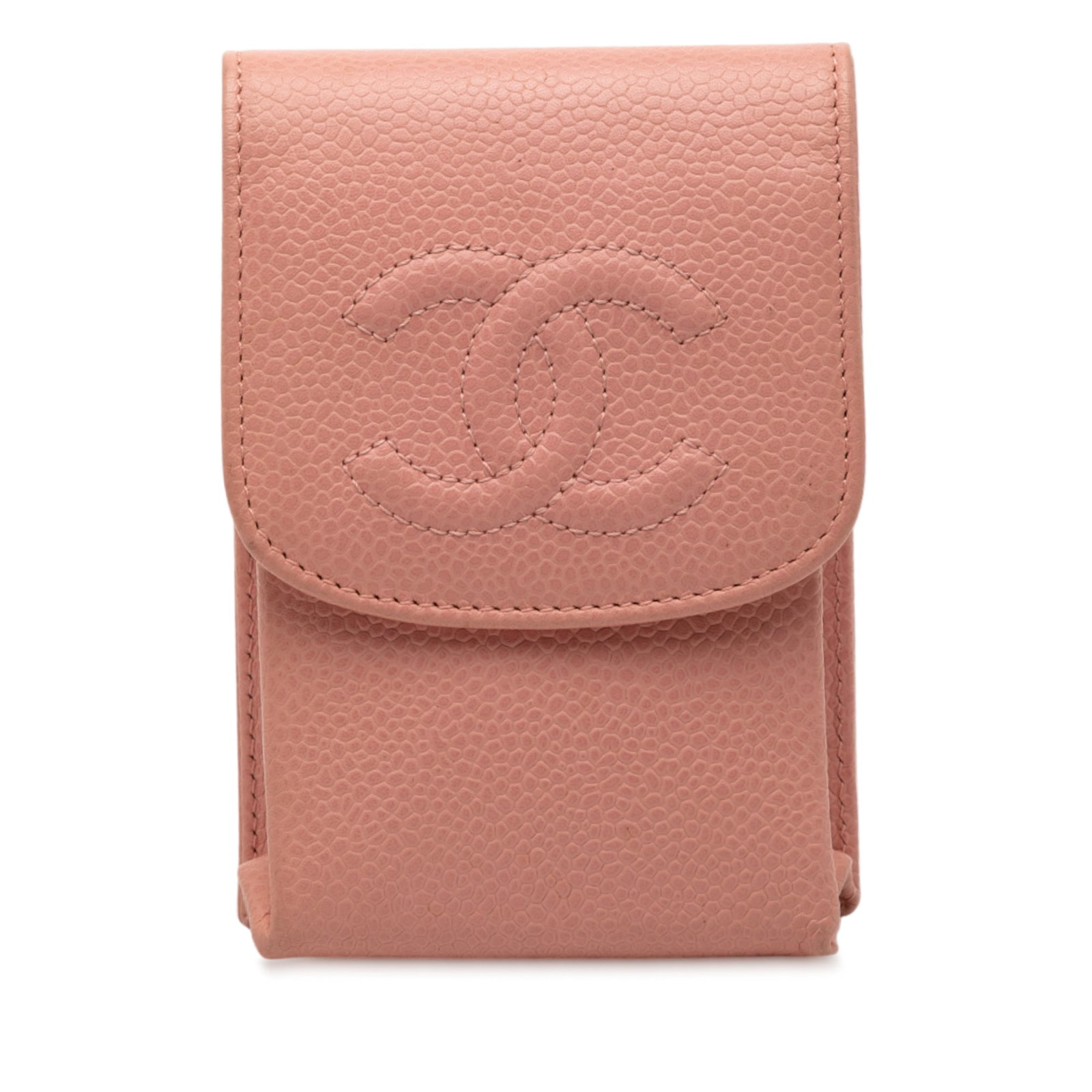 Pink Caviar Leather Chanel CC Flap Cigarette Case: Pink Caviar Leather Chanel CC Flap Cigarette Case This Chanel CC Caviar Cigarette Case features a pink caviar leather body with a front flap and snap button closure. Crafted in Italy, this small leath