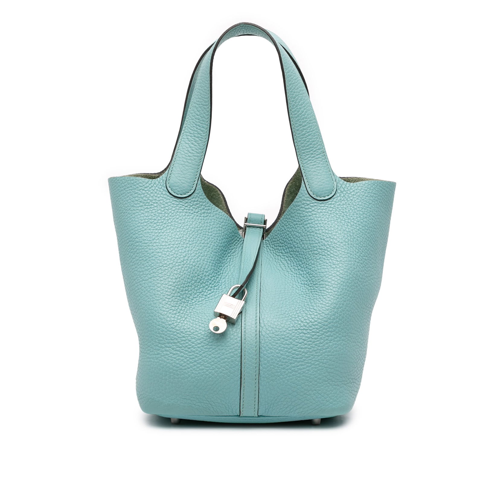 Hermes Clemence Picotin Lock 22 Bleu Atoll Leather Bag: Hermes Clemence Picotin Lock 22 Bleu Atoll Leather Bag The Hermes Clemence Picotin Lock 22 is a stylish and functional bag crafted from luxurious Clemence leather in a striking Bleu Atoll color. This