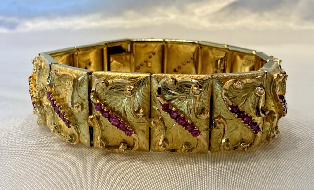 Lombardi Italian 18k Gold Bracelet with Ruby and Pink Sapphire: Lombardi Italian 18k Gold Bracelet with Ruby and Pink Sapphire This Italian bracelet by Mario and Fratelli Lombardi features a chain style crafted from 18k rose gold, adorned with ruby and pink sapphi