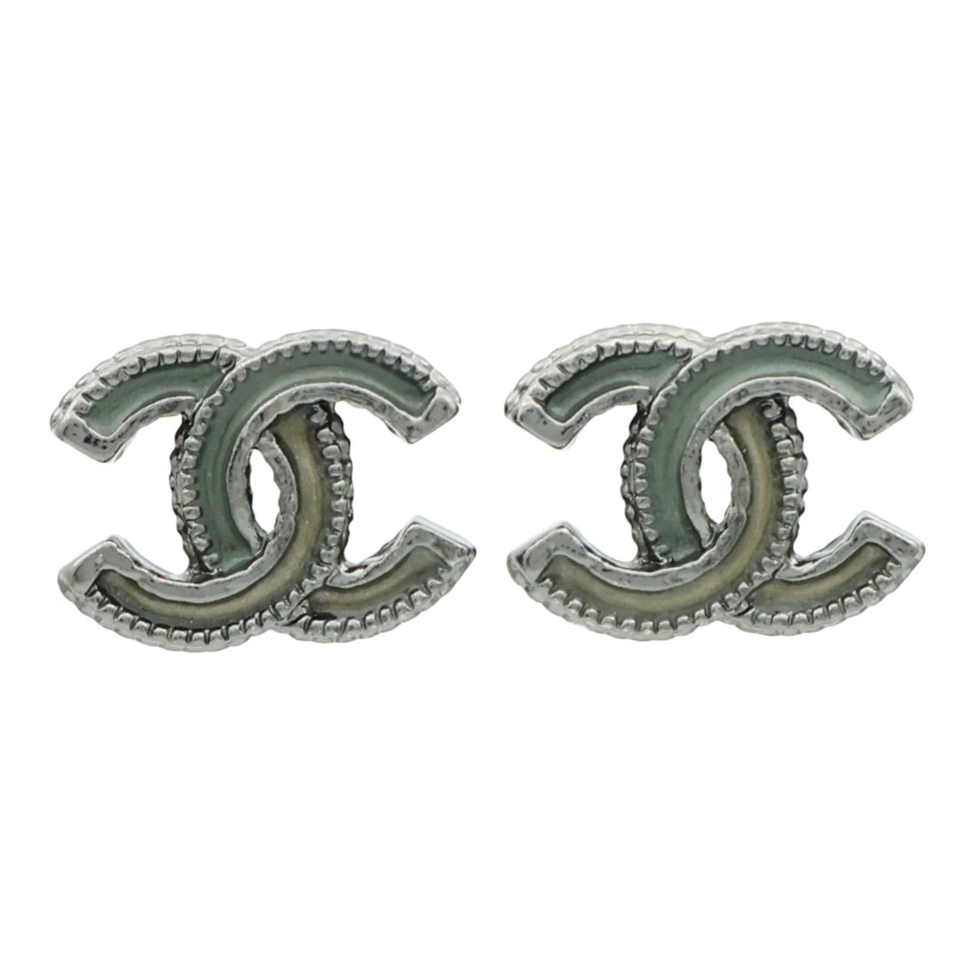 Silver and Green Metal Pierced Earrings by Chanel CC Logo: Silver and Green Metal Pierced Earrings by Chanel CC Logo These CHANEL CC pierced earrings feature a silver metal design with green accents. They are crafted without any main stone and offer a stylish