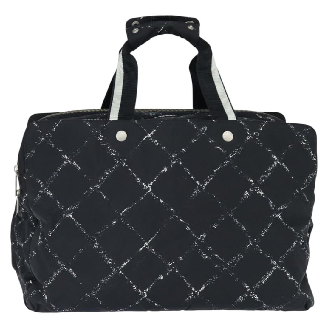 Chanel Travel Line Unisex Nylon Boston Bag Black 45x30x23cm: Chanel Travel Line Unisex Nylon Boston Bag Black 45x30x23cm This pre-owned Chanel Travel Line Boston bag features a black nylon exterior designed for unisex use. It presents typical signs of wear incl