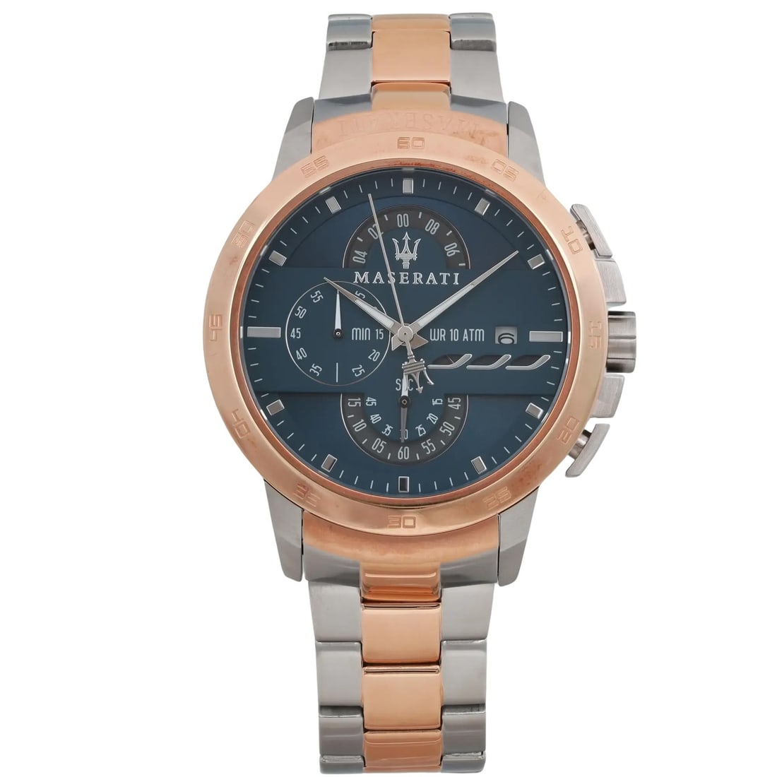 Maserati Ingegno 45mm Two Tone Blue Dial Wristwatch R8873619002: Maserati Ingegno 45mm Two Tone Blue Dial Wristwatch R8873619002 Elevate your style with the Maserati Ingegno Men's Watch, featuring a striking blue dial and a sophisticated two-tone design. This elega