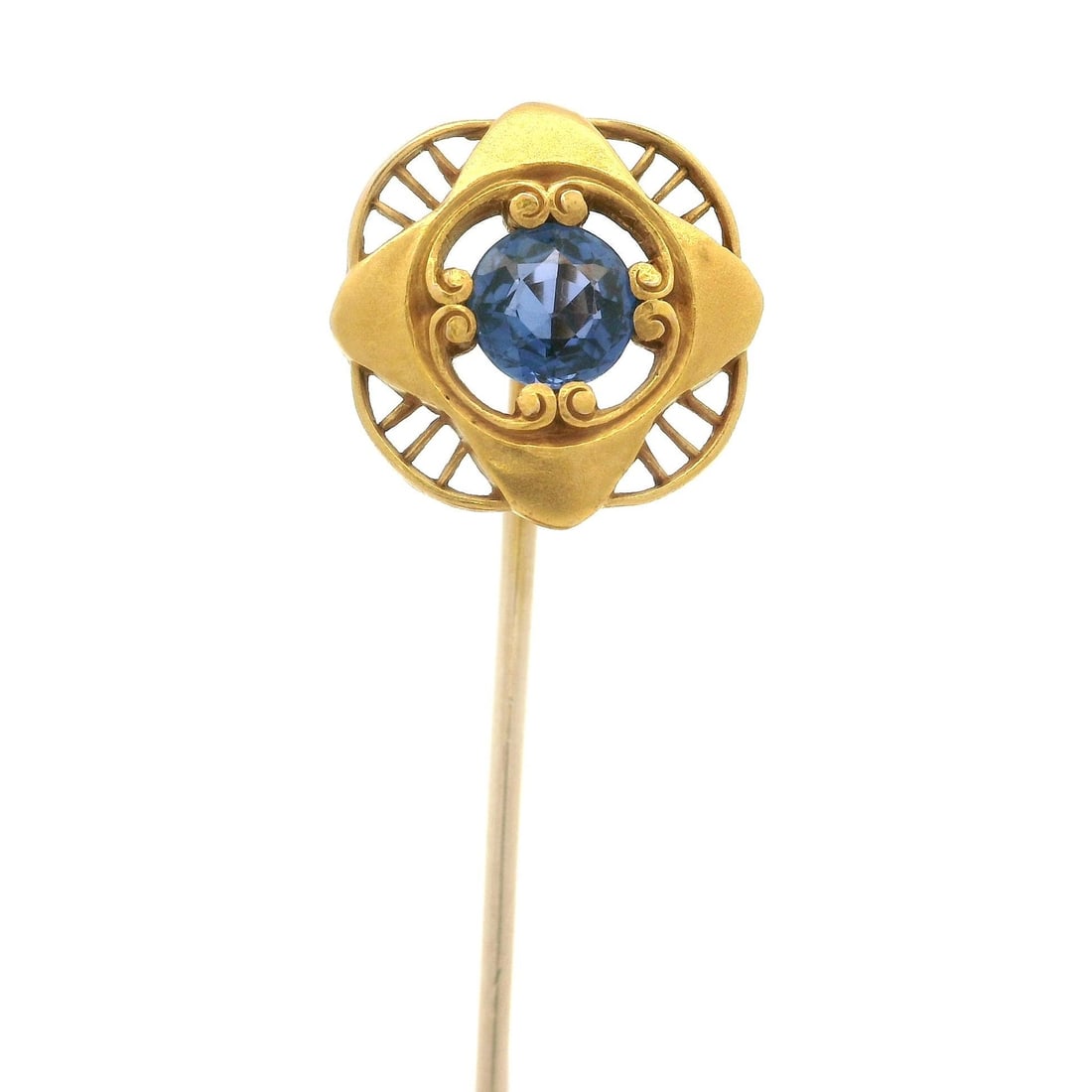 Antique Art Nouveau 14k Yellow Gold Stick Pin GIA 0.65ct Montana Sapphire: Antique Art Nouveau 14k Yellow Gold Stick Pin GIA 0.65ct Montana Sapphire This exquisite Antique Art Nouveau stick pin features a stunning natural Montana sapphire, showcasing a brilliant round cut in