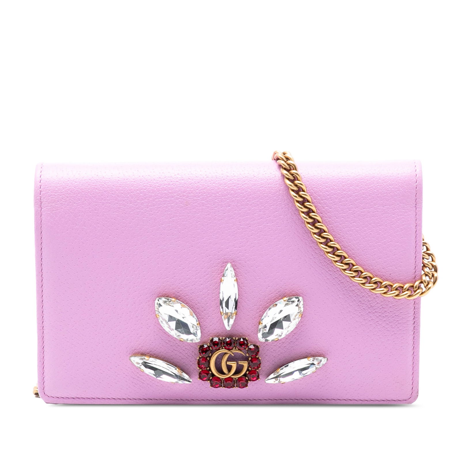 Gucci GG Marmont Pink Embellished Leather Crossbody Wallet with Chain Strap: Gucci GG Marmont Pink Embellished Leather Crossbody Wallet with Chain Strap This Gucci GG Marmont Embellished Leather Wallet On Chain features a pink embellished leather body with a front flap and sna