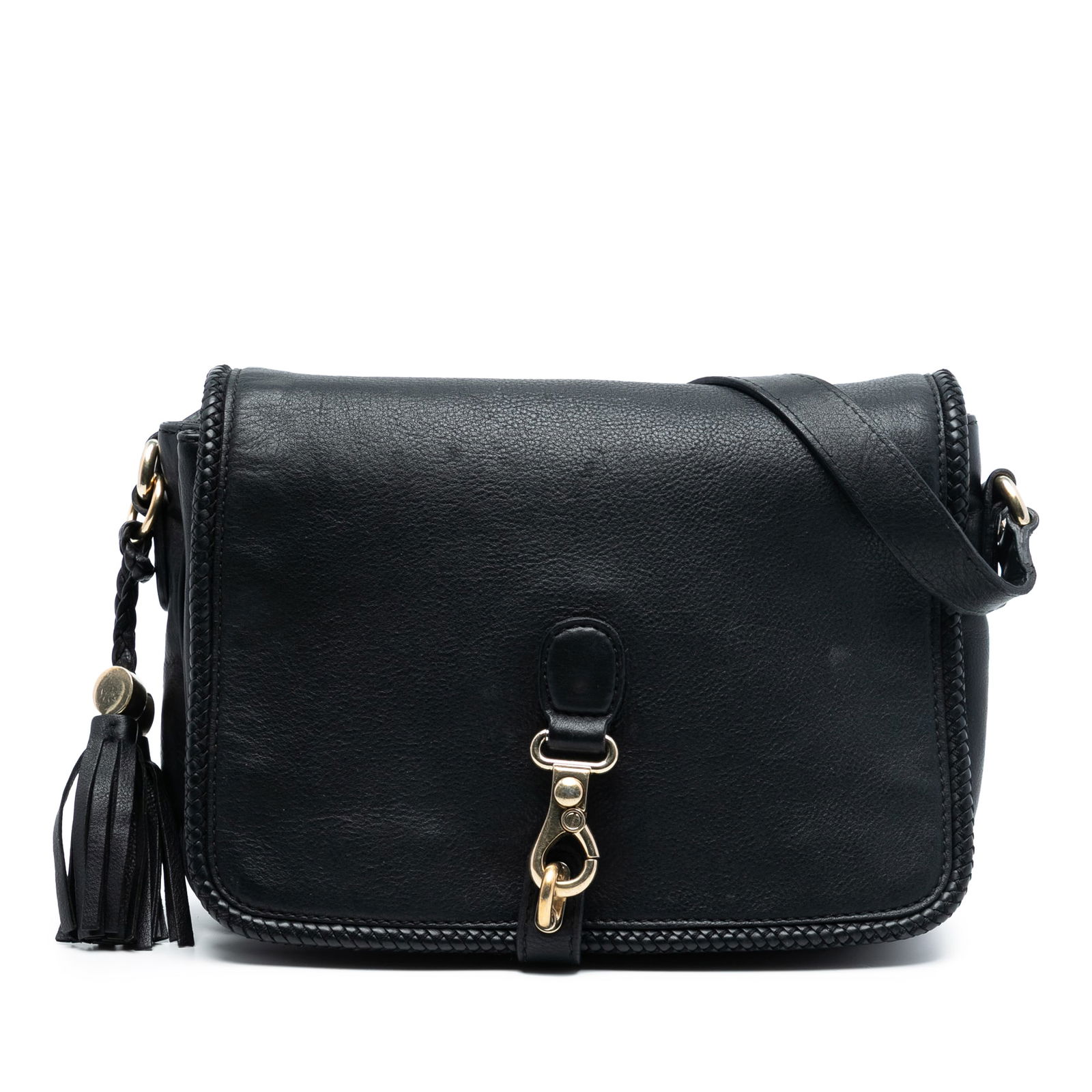 Gucci Marrakech Black Leather Crossbody Bag with Tassel Detail: Gucci Marrakech Black Leather Crossbody Bag with Tassel Detail This Gucci Marrakech crossbody bag is crafted from black leather and features a distinctive tassel detail, a flat strap, and a front flap