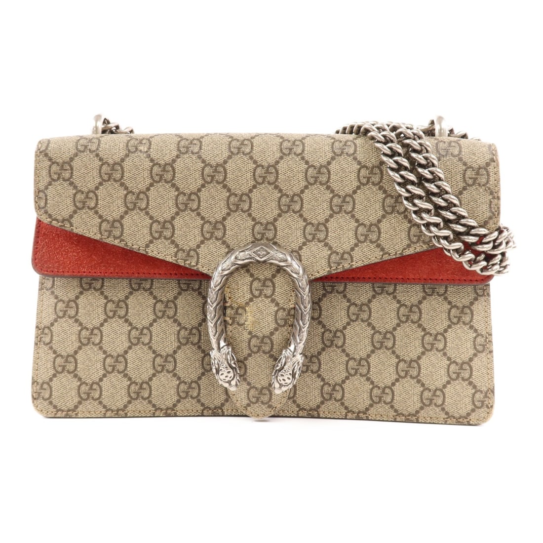 GUCCI Dionysus Chain Shoulder Bag Coated Canvas Brown Red 400249: GUCCI Dionysus Chain Shoulder Bag Coated Canvas Brown Red 400249 Elevate your style with the GUCCI GG Dionysus Chain Shoulder Bag, crafted from durable PVC coated canvas in a rich brown and red color