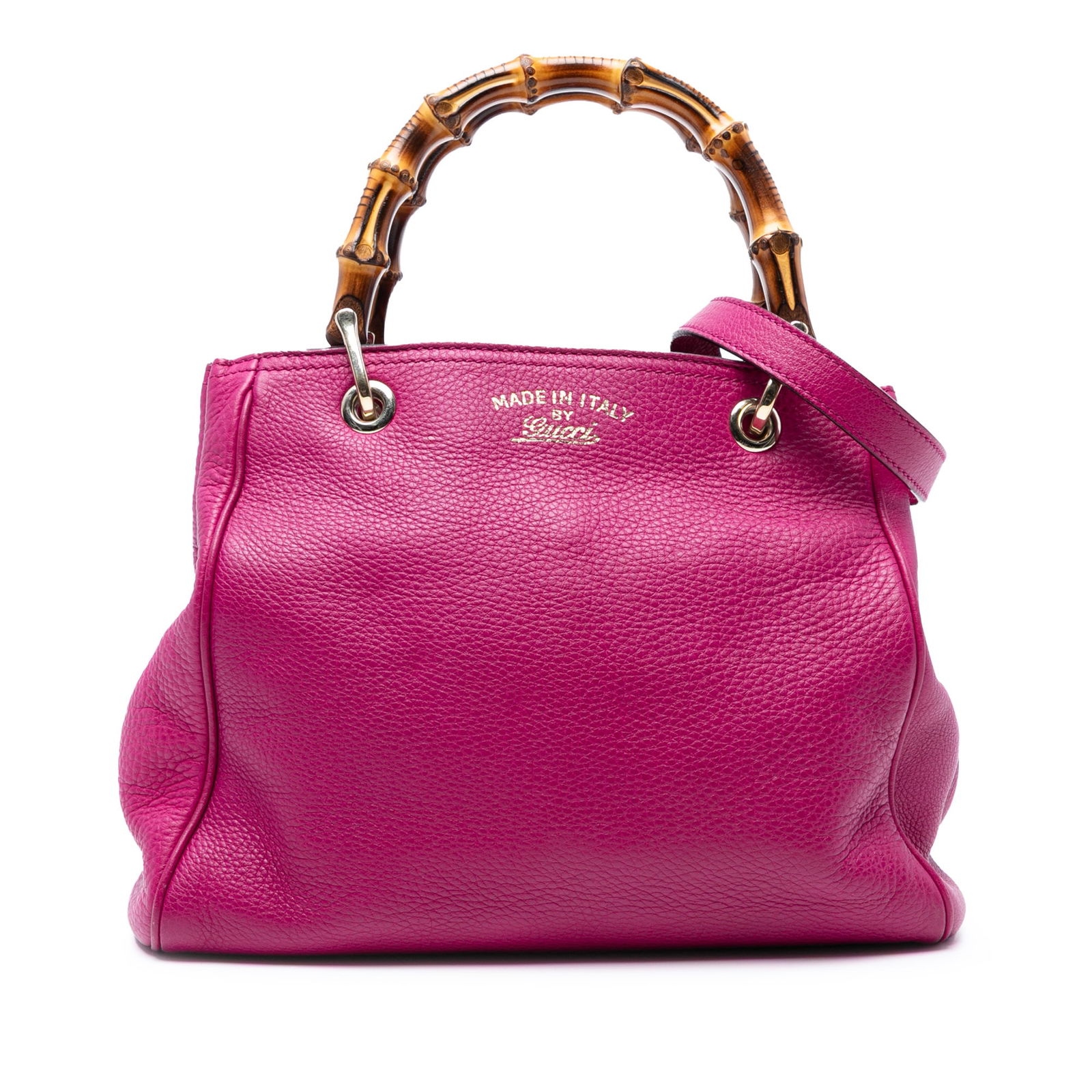 Gucci Small Pink Calfskin Bamboo Shopper Satchel with Leather Strap: Gucci Small Pink Calfskin Bamboo Shopper Satchel with Leather Strap This Gucci Small Calfskin Bamboo Shopper Satchel is a stylish accessory crafted from high-quality leather, featuring elegant bamboo