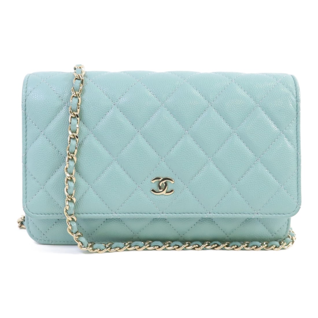 Green Calfskin CHANEL AP4241 Wallet On Chain Shoulder Bag with Gold Hardware: Green Calfskin CHANEL AP4241 Wallet On Chain Shoulder Bag with Gold Hardware This CHANEL Wallet On Chain (WOC) shoulder bag features green calfskin leather and is designed for regular size wear. The b