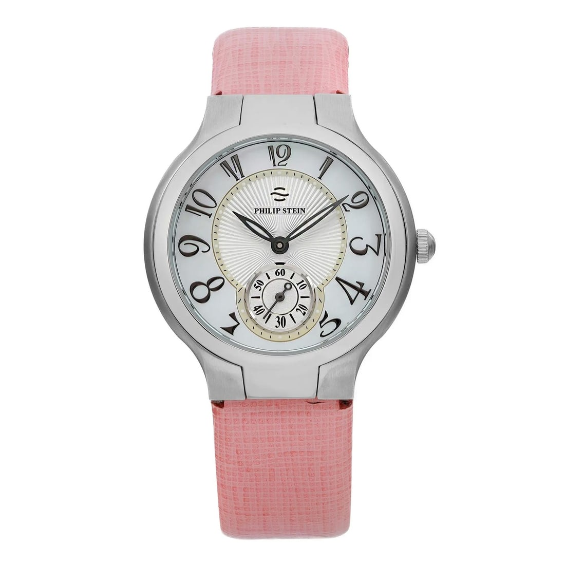 Philip Stein 35mm Quartz Ladies Watch Mother of Pearl Dial Pink Leather Strap: Philip Stein 35mm Quartz Ladies Watch Mother of Pearl Dial Pink Leather Strap This elegant Philip Stein 35mm Ladies Watch features a stunning Mother of Pearl dial that beautifully reflects light, comp
