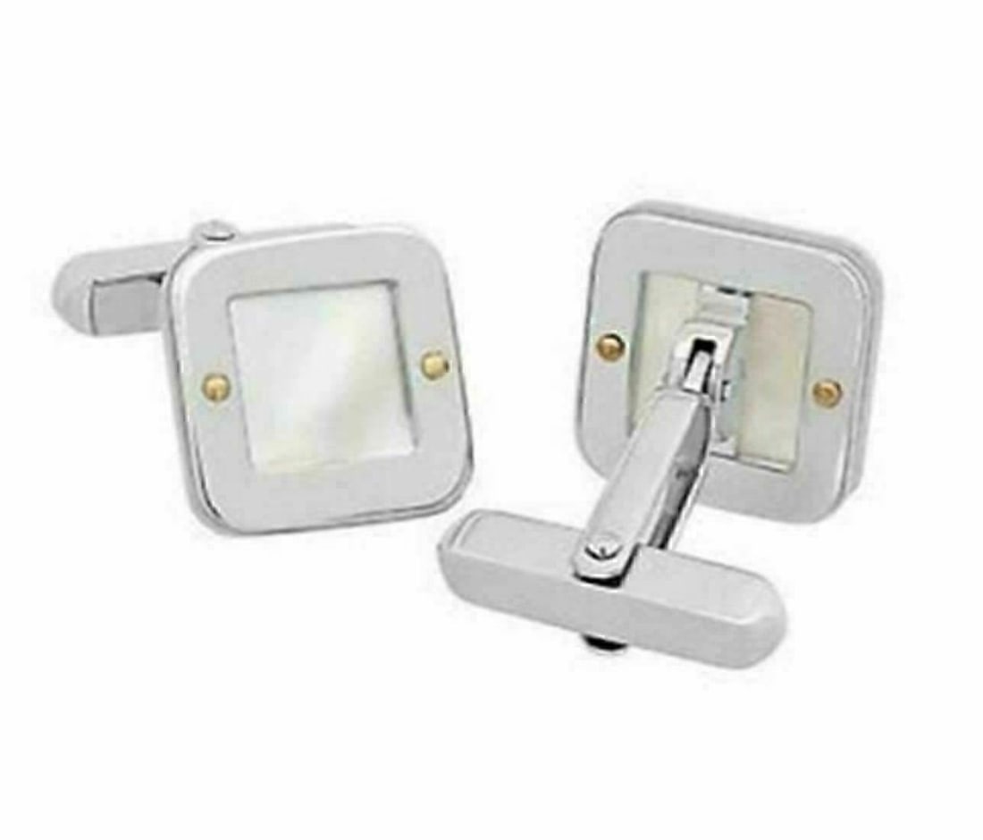 Baraka Square Top 18k Two Tone Gold and Mother of Pearl Stud Cufflinks: Baraka Square Top 18k Two Tone Gold and Mother of Pearl Stud Cufflinks These Baraka cufflinks feature a striking square top design crafted from 18k two-tone gold, combining both white and rose gold el